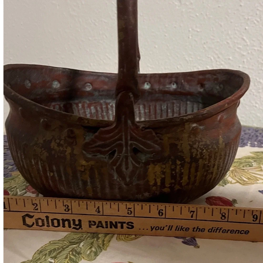 Vintage Rustic Brass Basket Planter Made in India Weathered Patina Handle